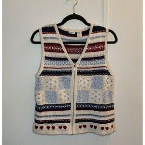 VTG North Crest Beige Blue Striped Full Zip Sweater Vest Grannycore Preppy Sz M